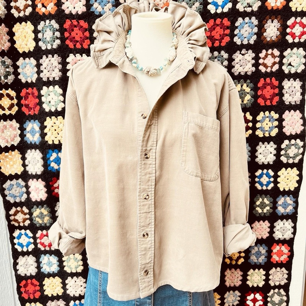 Upcycled Re-worked Natural Life Big Tan Pinwale Corduroy Ruffle Collar Shirt XL